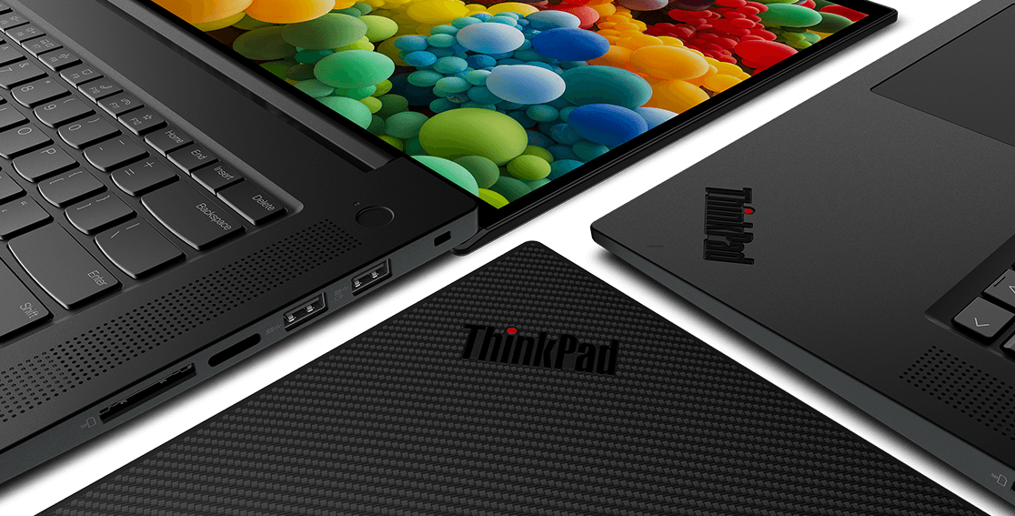 Detail of ThinkPad logos on Lenovo ThinkPad P1 Gen 4 keyboard and top cover, alongside detail of screen and upper corner of keyboard.